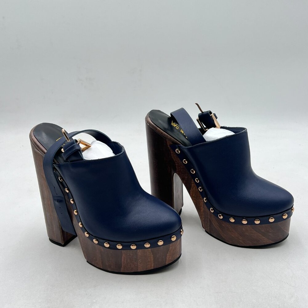Navy Leather Studded Slingback Platform Heels - Picture 4 of 8
